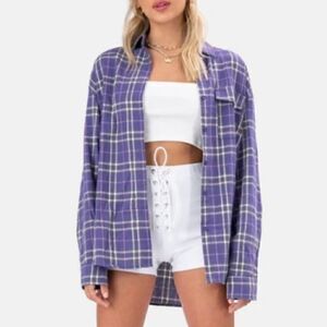 Adika, Button Up Plaid Flannel Top Purple & Multicolor Long Sleeve Women’s Small